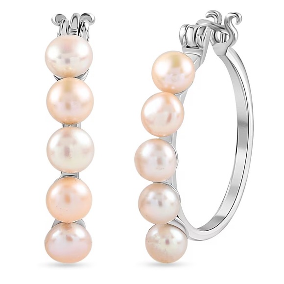 Peach Freshwater Pearl Hoop Earrings in Stainless Steel - Picture 1 of 4
